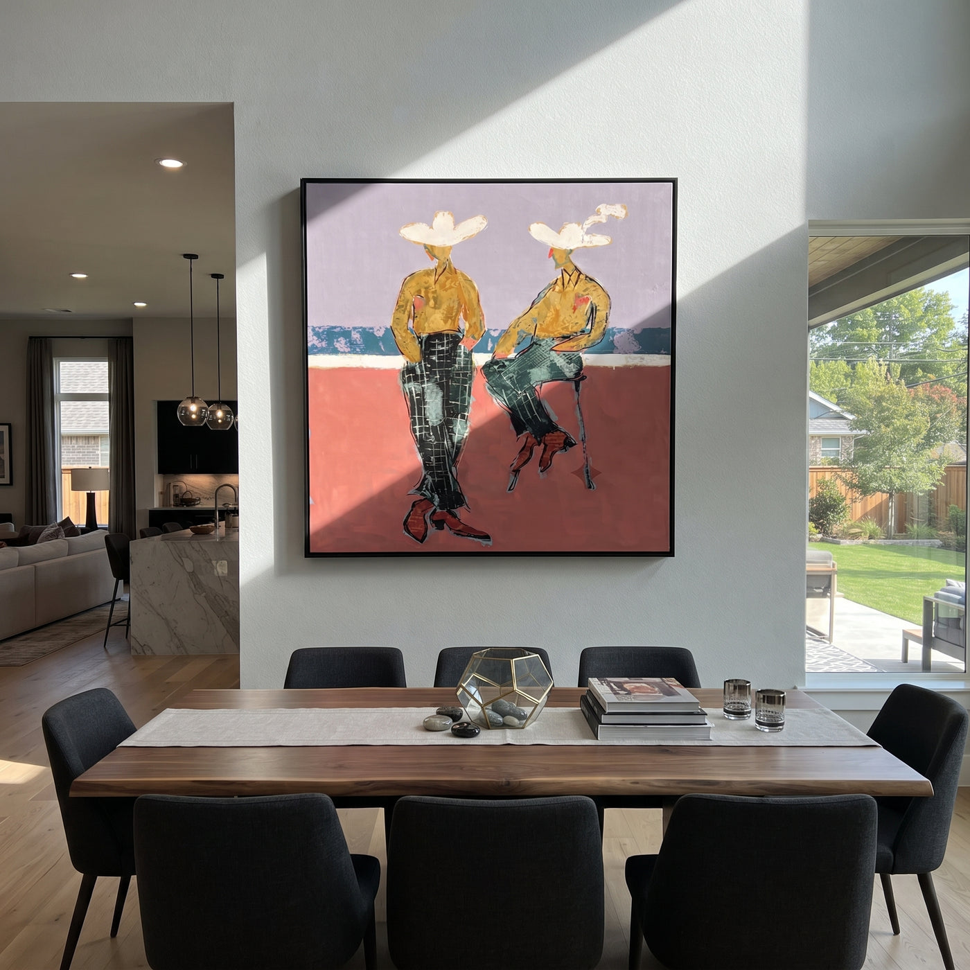 Gold Shirts Hold Horizon - modern cowboy pair painting by Ethan Mercer, contemporary Western square wall art – styled room scene view 3