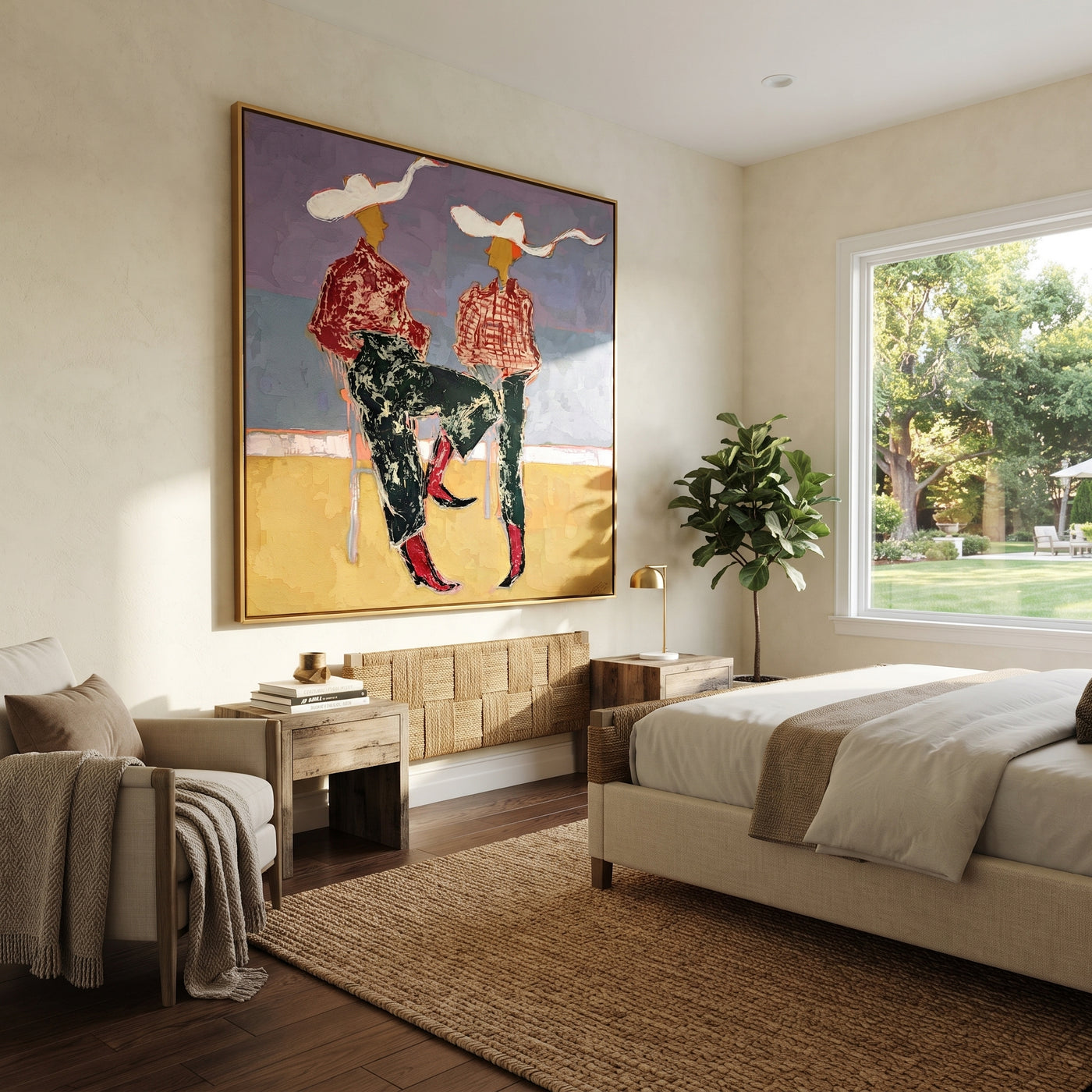 White Ribbons Cross Blue - seated cowgirl pair painting by Ethan Mercer, contemporary Western square wall art - styled room scene view 1