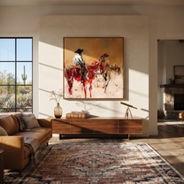 Red Riders Cross Dust - Two Horse Riders Painting | Contemporary Western Square Wall Art