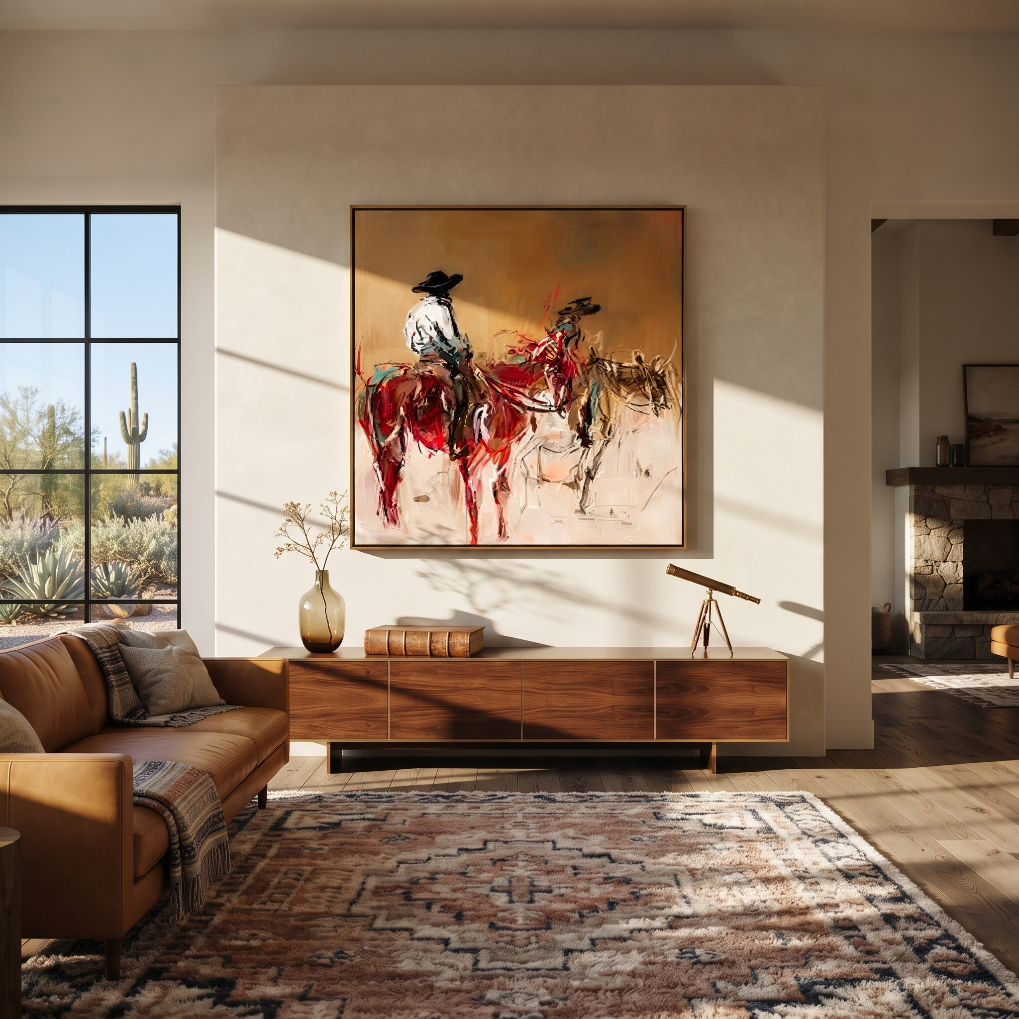 Red Riders Cross Dust - Two Horse Riders Painting | Contemporary Western Square Wall Art