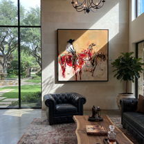 Red Riders Cross Dust - Two Horse Riders Painting | Contemporary Western Square Wall Art
