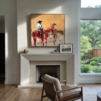 Red Riders Cross Dust - Two Horse Riders Painting | Contemporary Western Square Wall Art