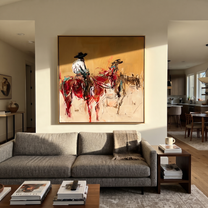 Red Riders Cross Dust - Two Horse Riders Painting | Contemporary Western Square Wall Art