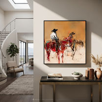 Red Riders Cross Dust - Two Horse Riders Painting | Contemporary Western Square Wall Art