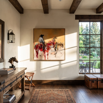 Red Riders Cross Dust - Two Horse Riders Painting | Contemporary Western Square Wall Art