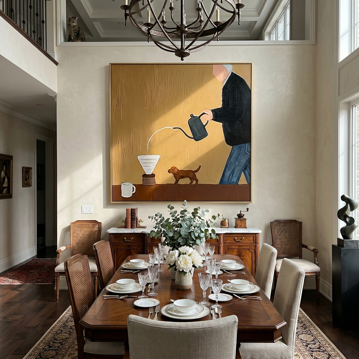 Coffee Pours Before Walking — Coffee Brewer with Dog Painting | Minimalist Figurative Square Wall Art