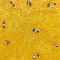 Golden Figures Drift Below – Aerial Mustard-Gold Figures Painting | Contemporary Minimalist Living Room Art