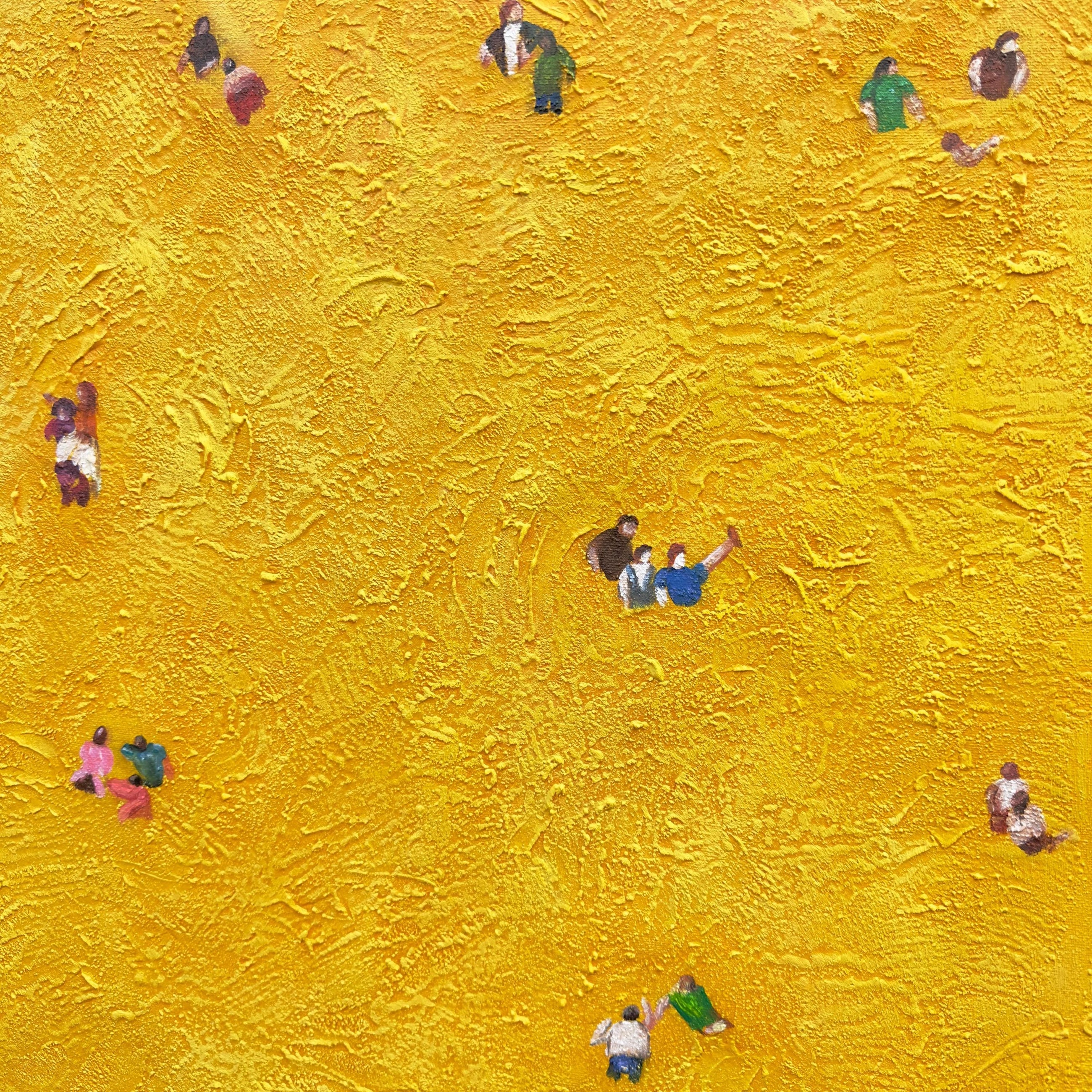 Golden Figures Drift Below – Aerial Mustard-Gold Figures Painting | Contemporary Minimalist Living Room Art