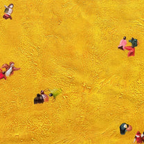 Golden Figures Drift Below – Aerial Mustard-Gold Figures Painting | Contemporary Minimalist Living Room Art