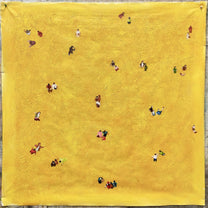 Golden Figures Drift Below – Aerial Mustard-Gold Figures Painting | Contemporary Minimalist Living Room Art