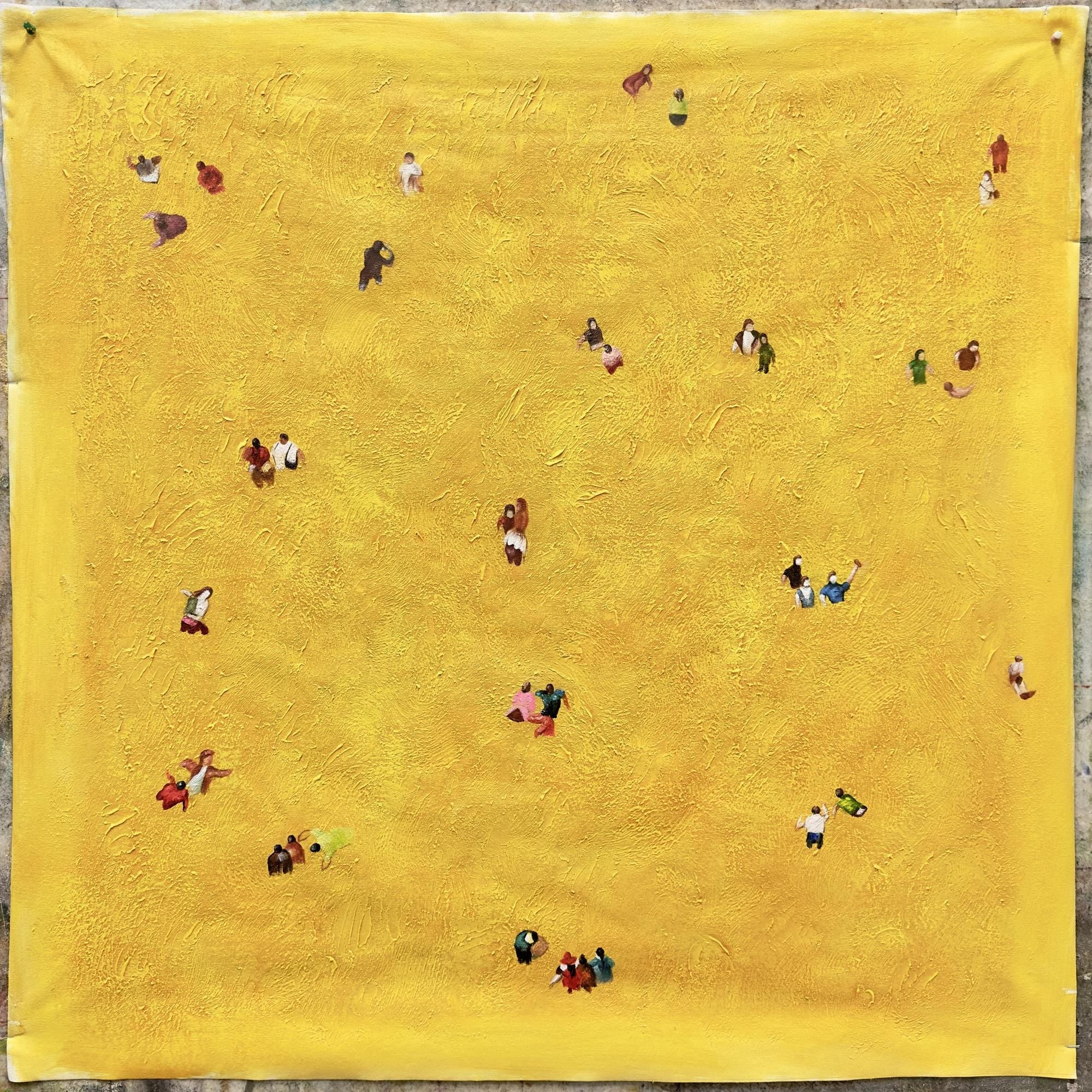 Golden Figures Drift Below – Aerial Mustard-Gold Figures Painting | Contemporary Minimalist Living Room Art