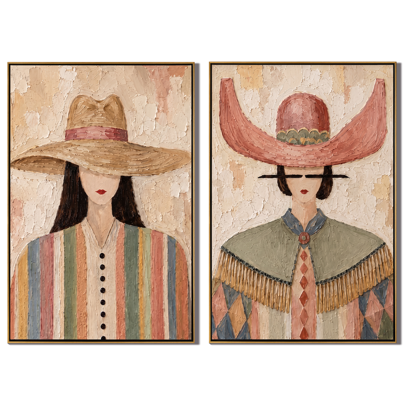 Rose Moon Wears Fringe – Modern Cowgirl Portrait Set Painting | Modern Western Set of 2 Wall Art