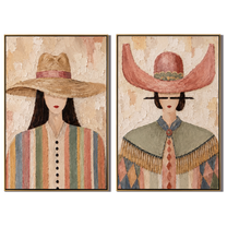 Straw Hat Stripes – Woman in Striped Dress with Woven Hat Painting | Vintage Americana Vertical Art