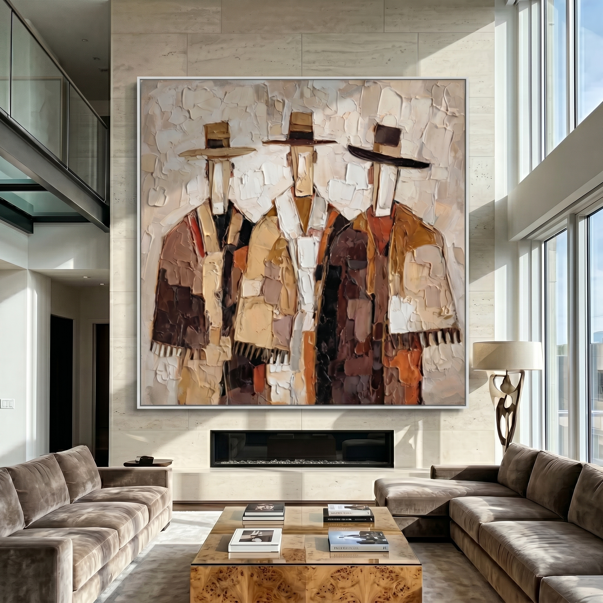 Quiet Reverie – White and Gold Mid-Century Modern abstract figures, square hand-painted canvas art, room view 1