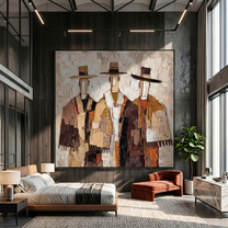 Quiet Reverie – White and Gold Mid-Century Modern abstract figures, square hand-painted canvas art, room view 2