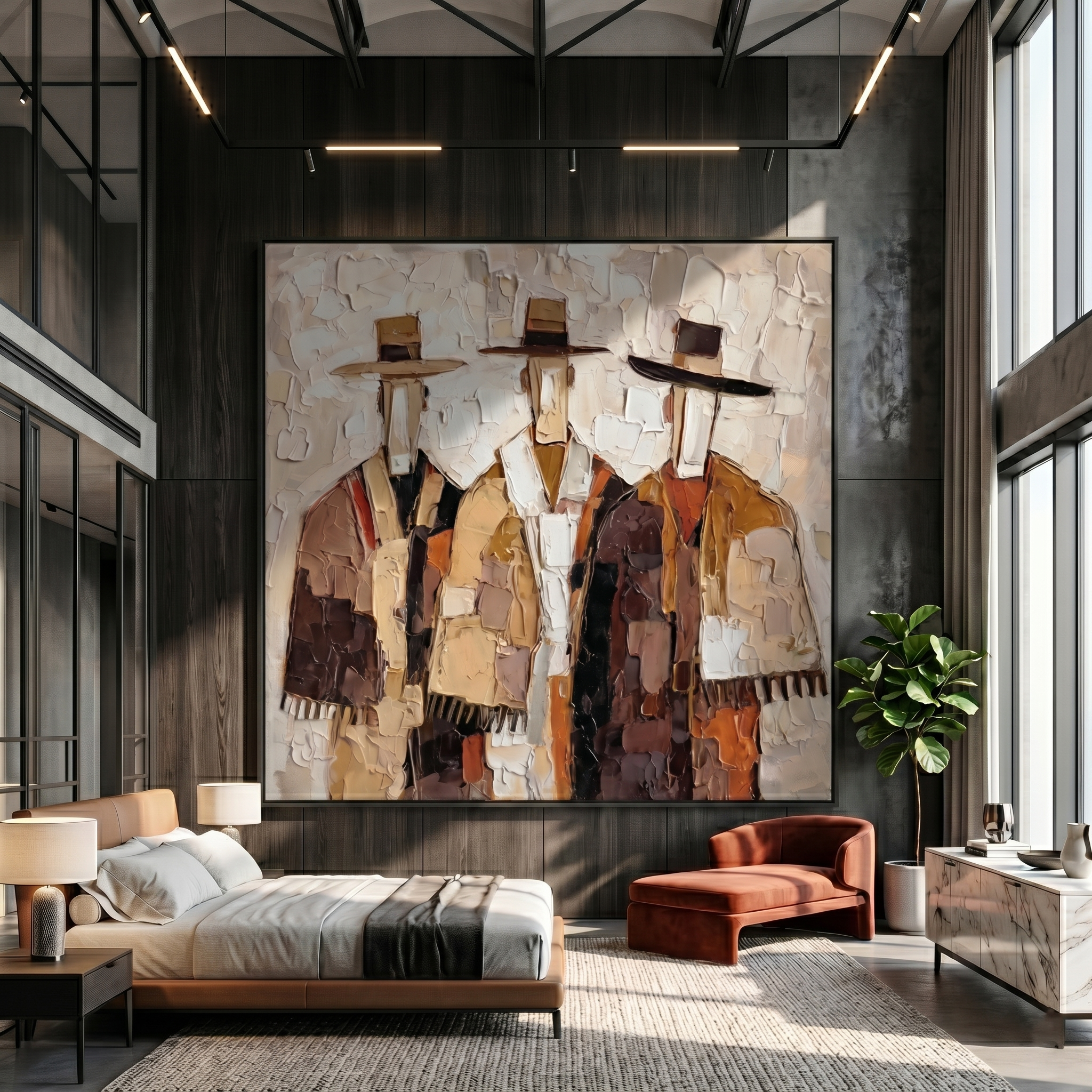 Quiet Reverie – White and Gold Mid-Century Modern abstract figures, square hand-painted canvas art, room view 2