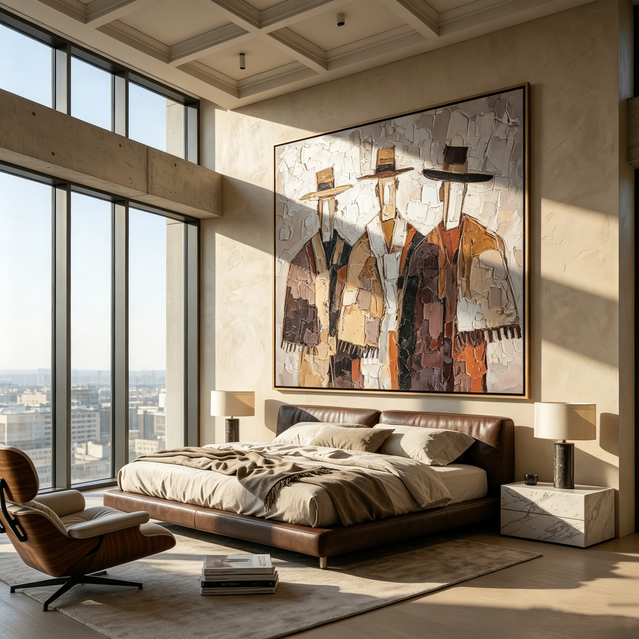 Quiet Reverie – White and Gold Mid-Century Modern abstract figures, square hand-painted canvas art, room view 3