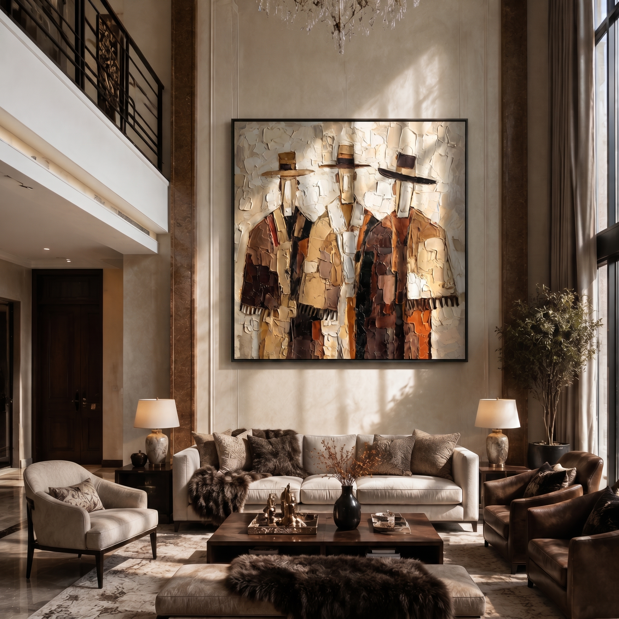 Quiet Reverie – White and Gold Mid-Century Modern abstract figures, square hand-painted canvas art, room view 5