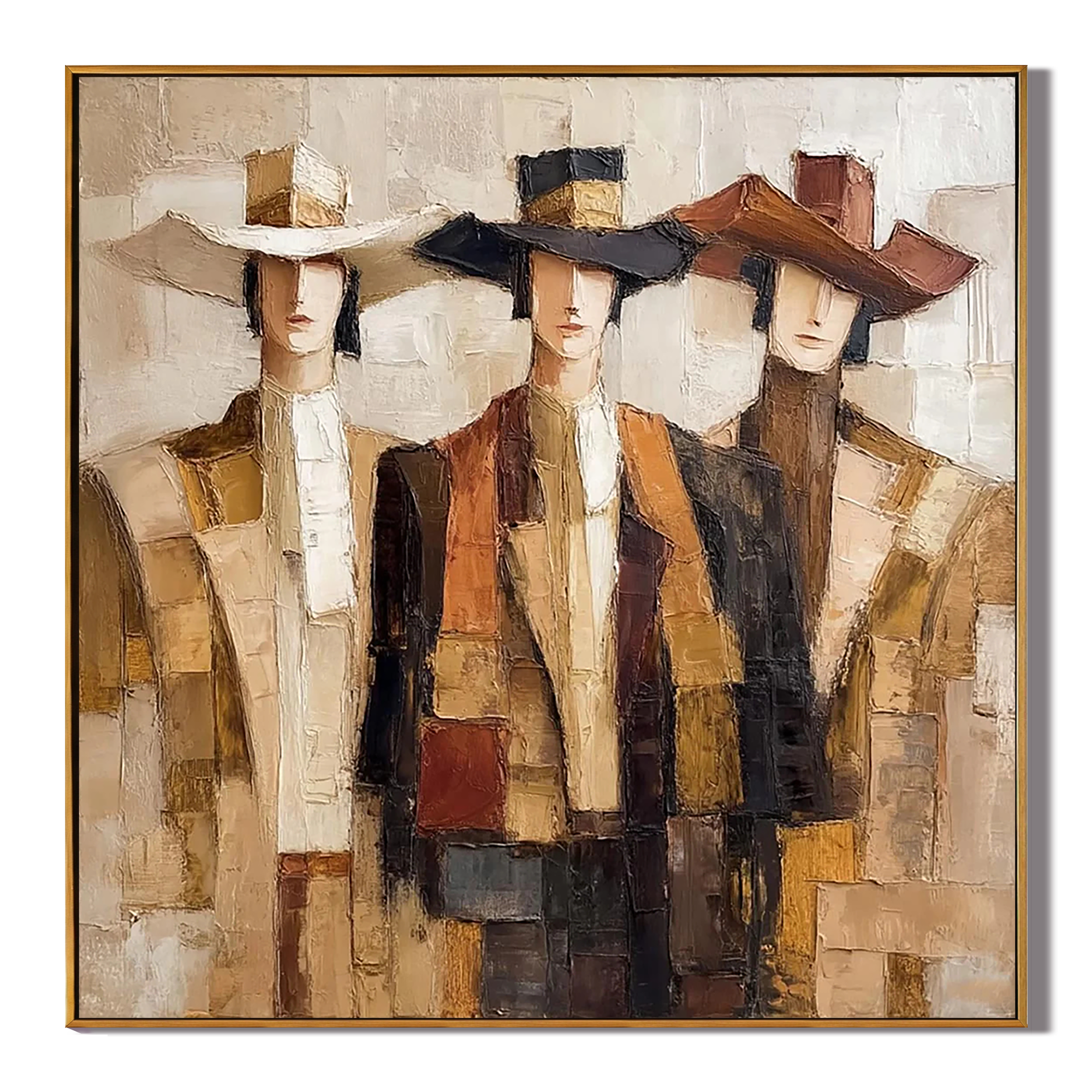 Canyon Gallop – brown and gray mid-century modern abstract figures art, square hand-painted canvas art – view 1