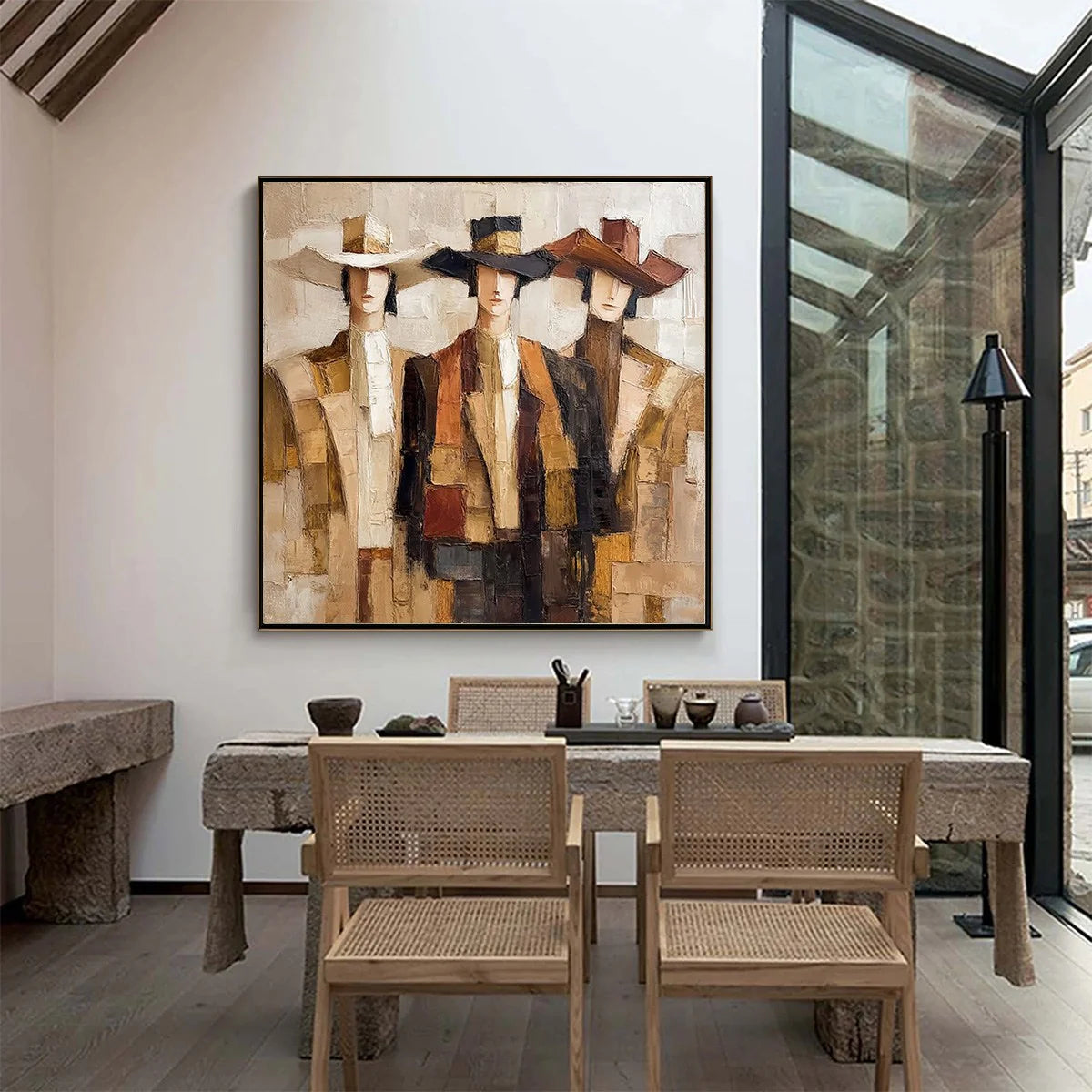 Canyon Gallop – brown and gray mid-century modern abstract figures art, square hand-painted canvas art – view 2