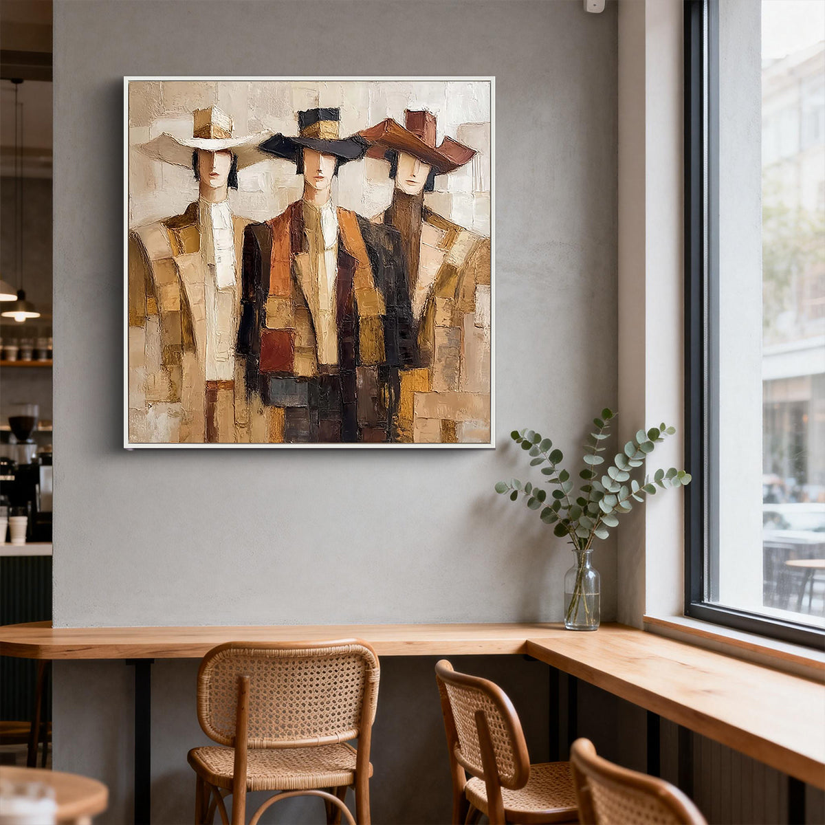 Canyon Gallop – brown and gray mid-century modern abstract figures art, square hand-painted canvas art – view 3