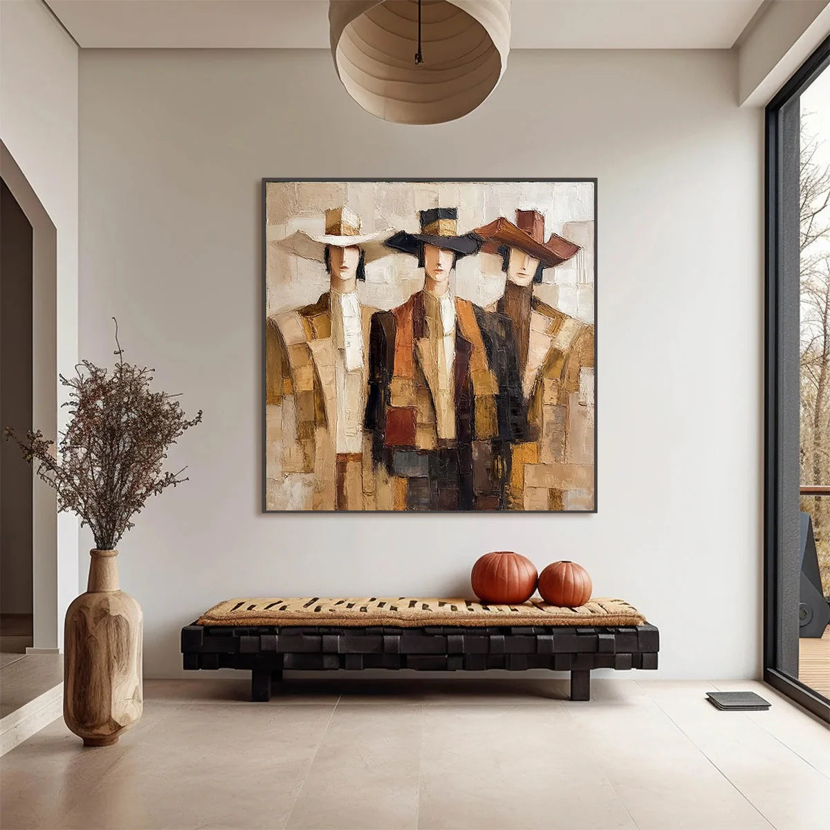 Canyon Gallop – brown and gray mid-century modern abstract figures art, square hand-painted canvas art – view 4