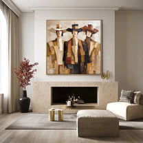 Canyon Gallop – brown and gray mid-century modern abstract figures art, square hand-painted canvas art – view 5