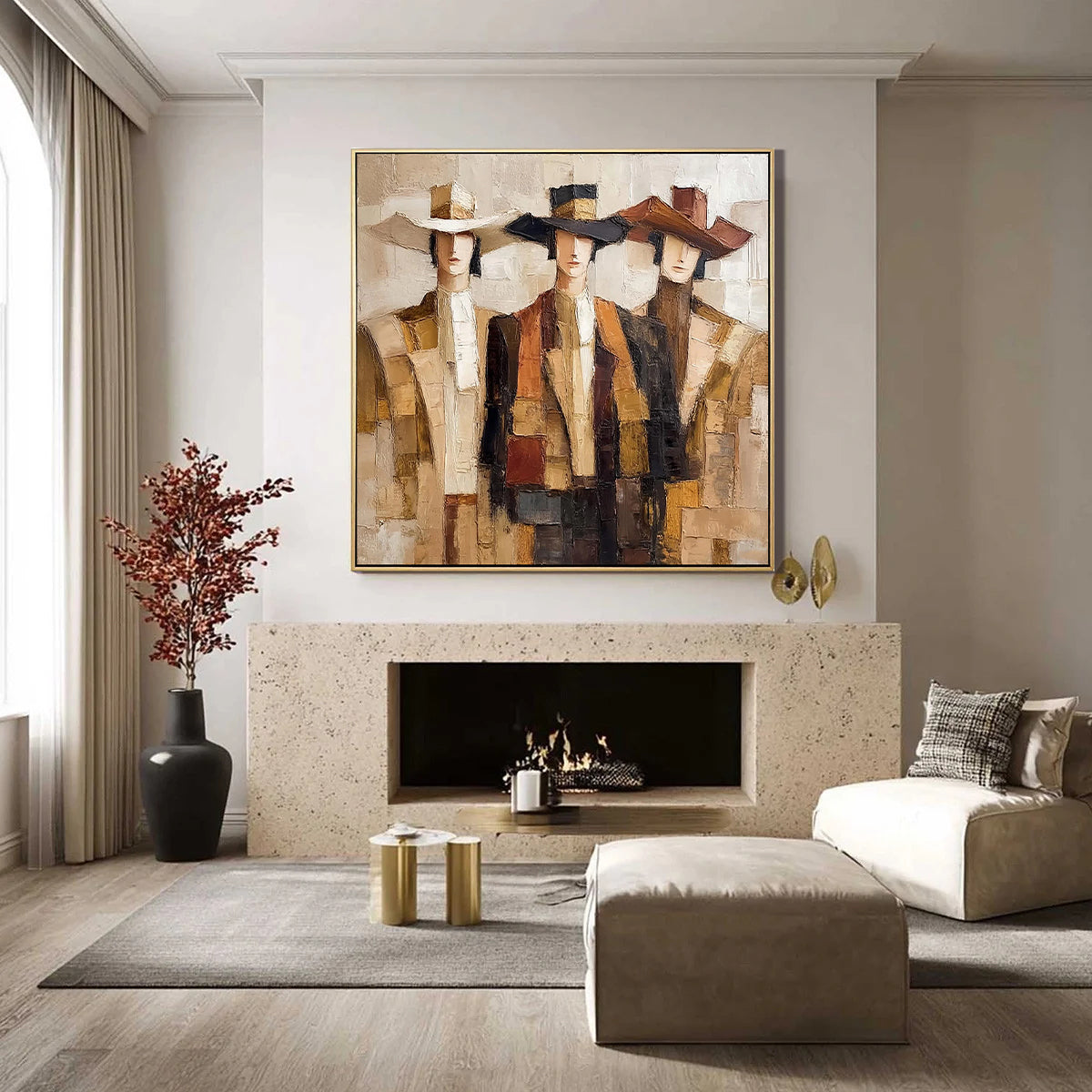 Canyon Gallop – brown and gray mid-century modern abstract figures art, square hand-painted canvas art – view 5