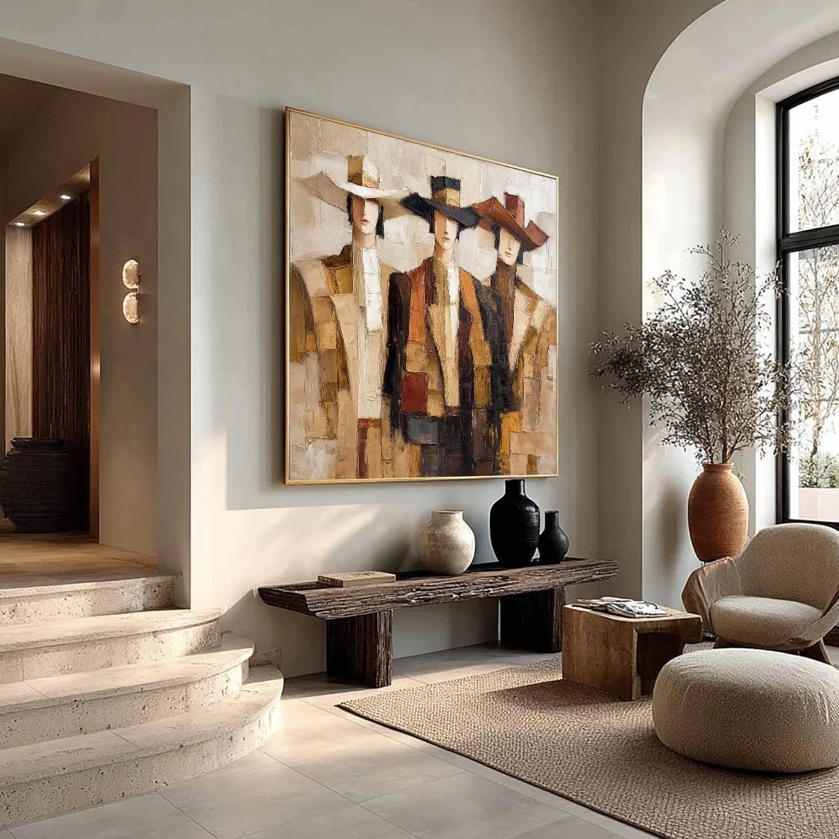 Canyon Gallop – brown and gray mid-century modern abstract figures art, square hand-painted canvas art – view 6