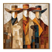 Distant Muse – brown and gold mid-century modern abstract figures art, square hand-painted canvas art – view 1
