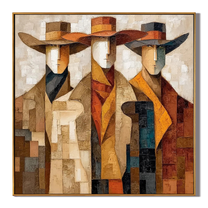 Distant Muse – brown and gold mid-century modern abstract figures art, square hand-painted canvas art – view 1