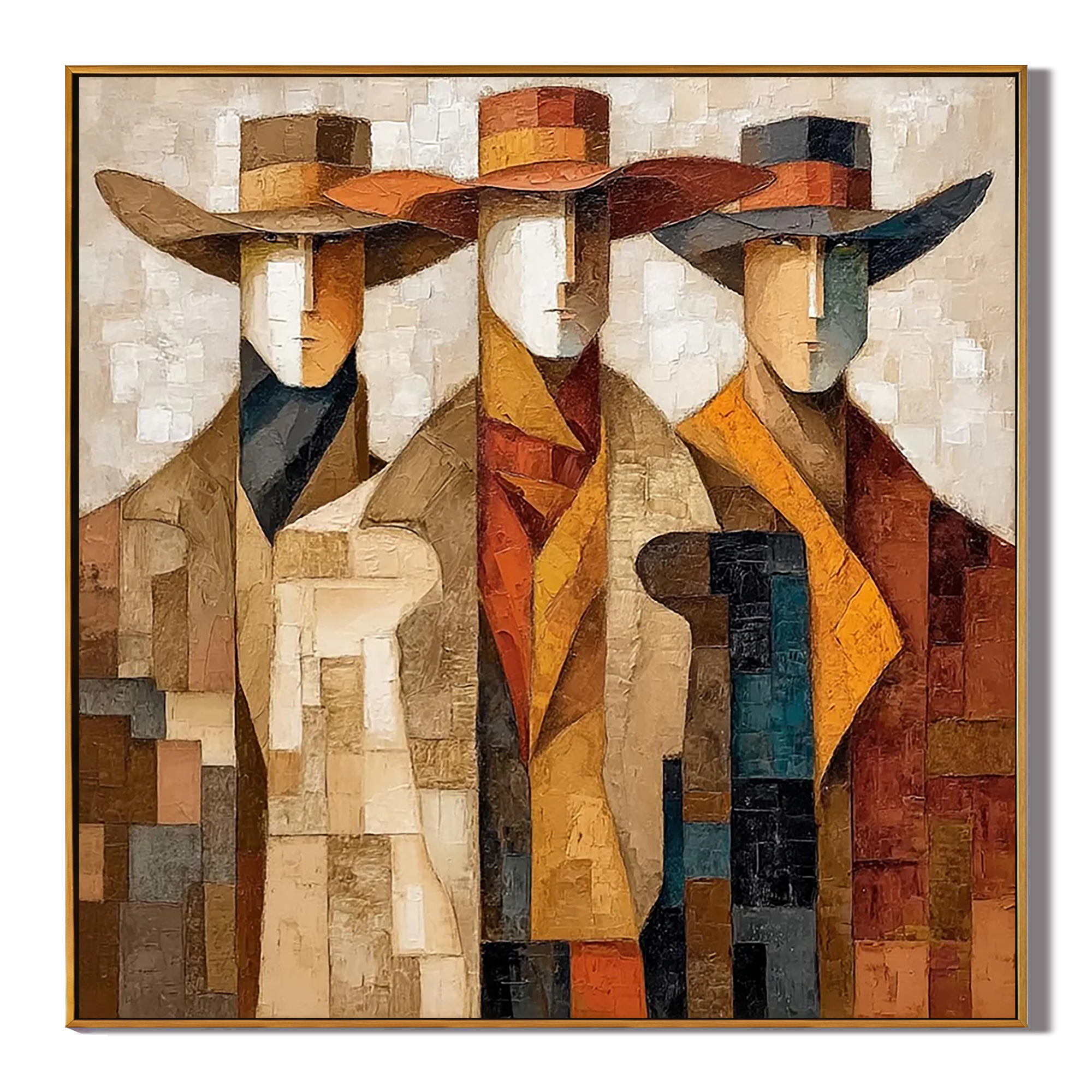 Distant Muse – brown and gold mid-century modern abstract figures art, square hand-painted canvas art – view 1