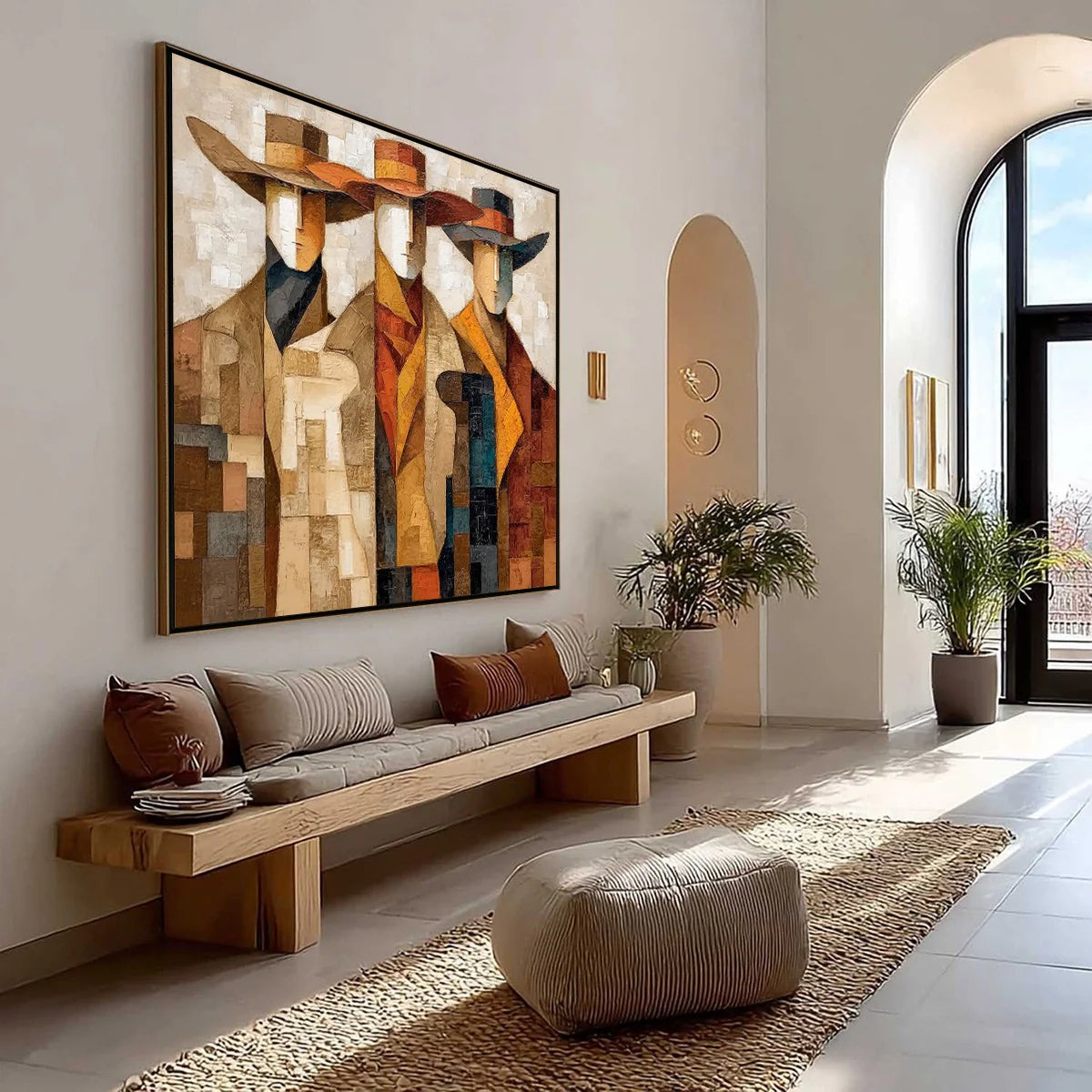 Distant Muse – brown and gold mid-century modern abstract figures art, square hand-painted canvas art – view 2
