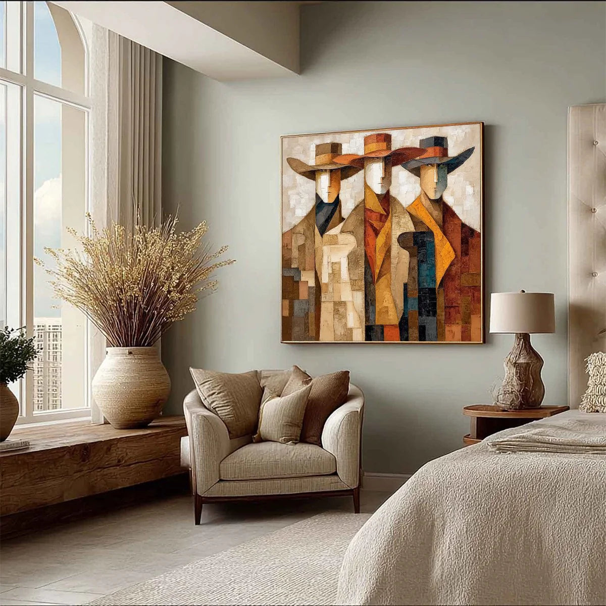 Distant Muse – brown and gold mid-century modern abstract figures art, square hand-painted canvas art – view 3