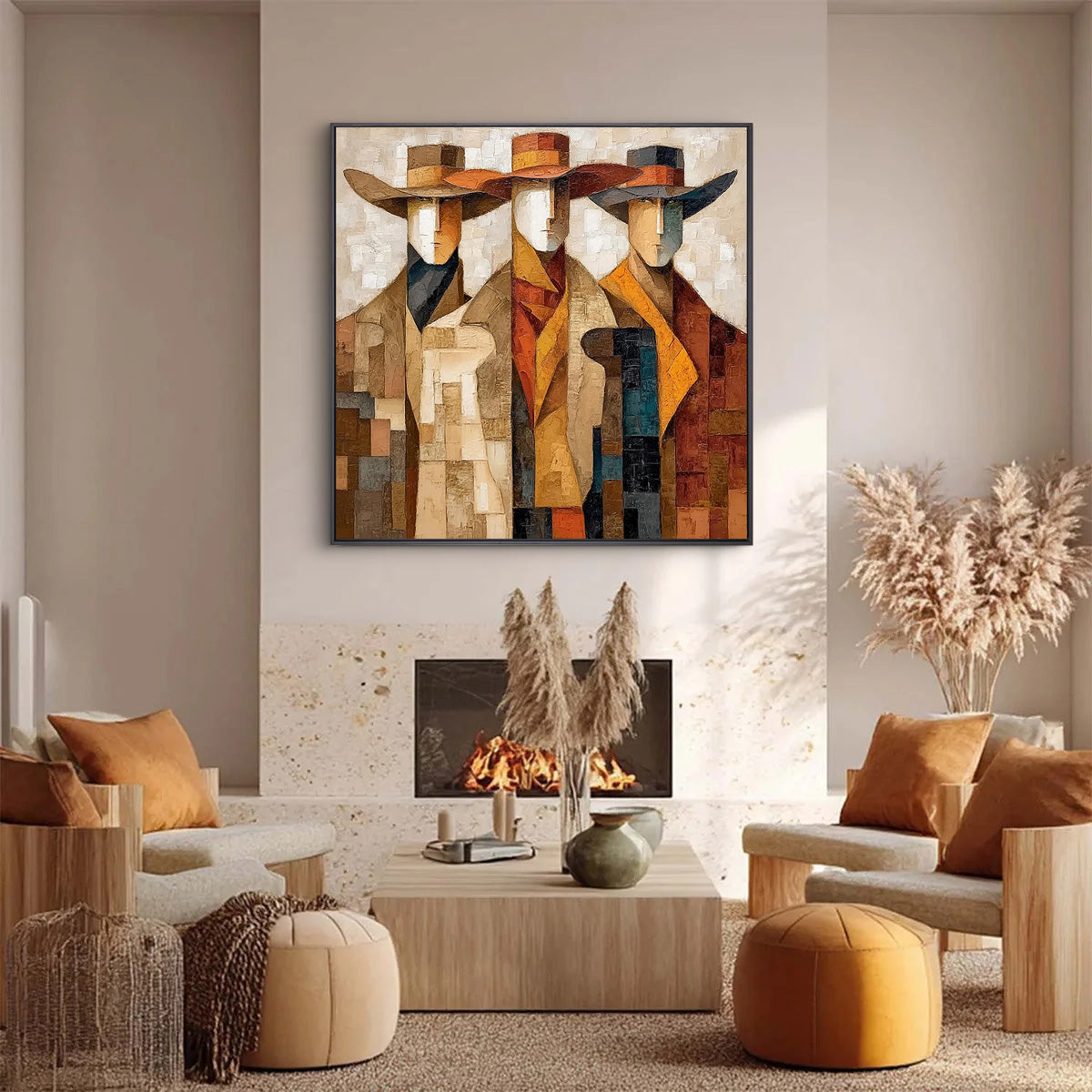 Distant Muse – brown and gold mid-century modern abstract figures art, square hand-painted canvas art – view 4