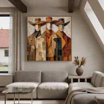 Distant Muse – brown and gold mid-century modern abstract figures art, square hand-painted canvas art – view 5