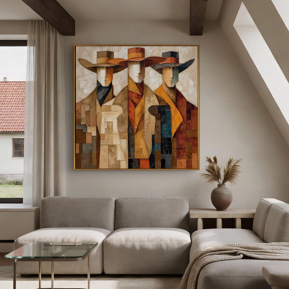 Distant Muse – brown and gold mid-century modern abstract figures art, square hand-painted canvas art – view 5