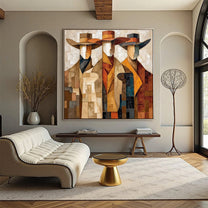 Distant Muse – brown and gold mid-century modern abstract figures art, square hand-painted canvas art – view 6