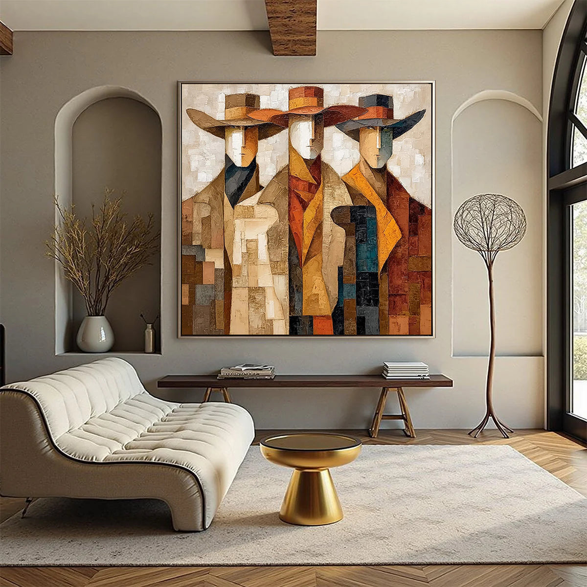 Distant Muse – brown and gold mid-century modern abstract figures art, square hand-painted canvas art – view 6