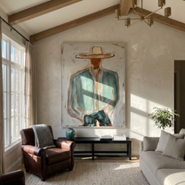 Hidden Union – gray and brown mid-century modern abstract figures art, vertical hand-painted canvas art – view 2