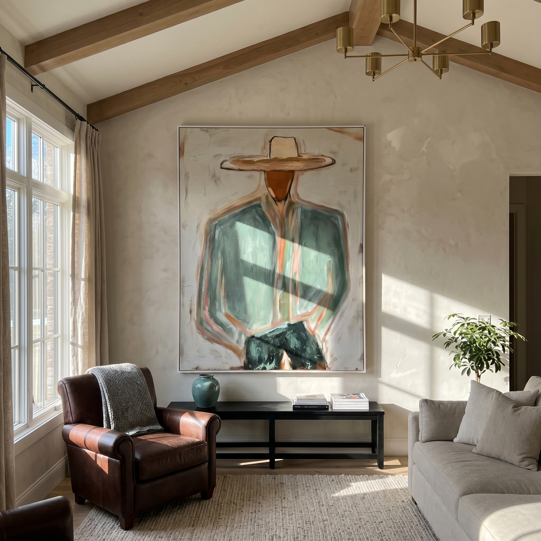 Hidden Union – gray and brown mid-century modern abstract figures art, vertical hand-painted canvas art – view 2