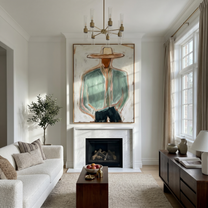 Hidden Union – gray and brown mid-century modern abstract figures art, vertical hand-painted canvas art – view 3