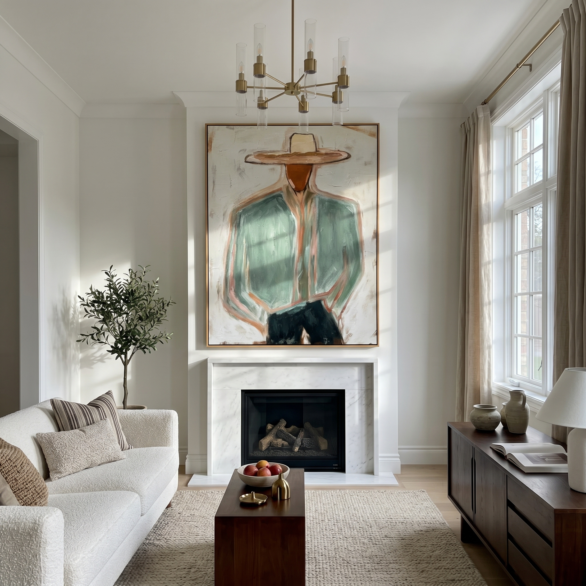 Hidden Union – gray and brown mid-century modern abstract figures art, vertical hand-painted canvas art – view 3