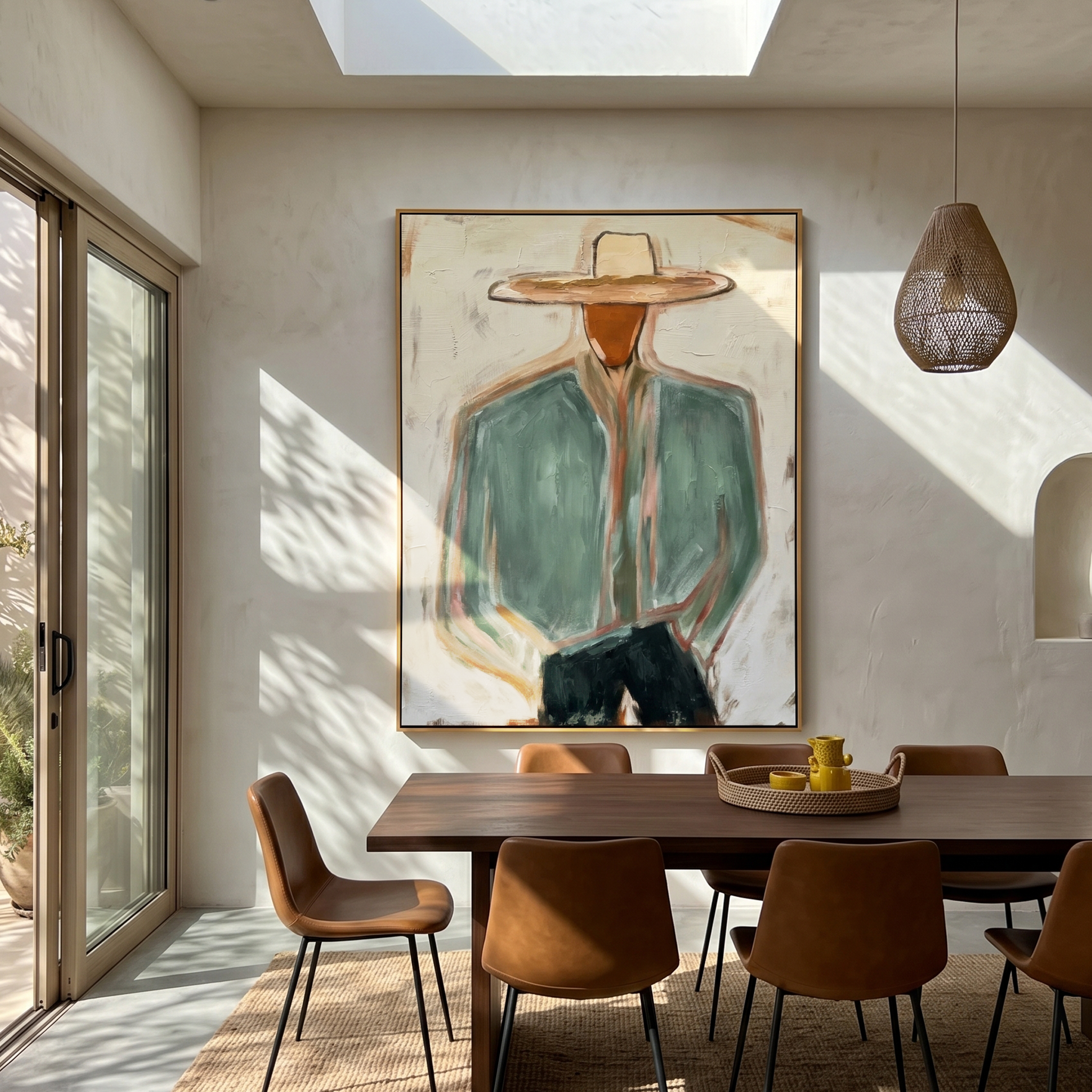 Hidden Union – gray and brown mid-century modern abstract figures art, vertical hand-painted canvas art – view 4