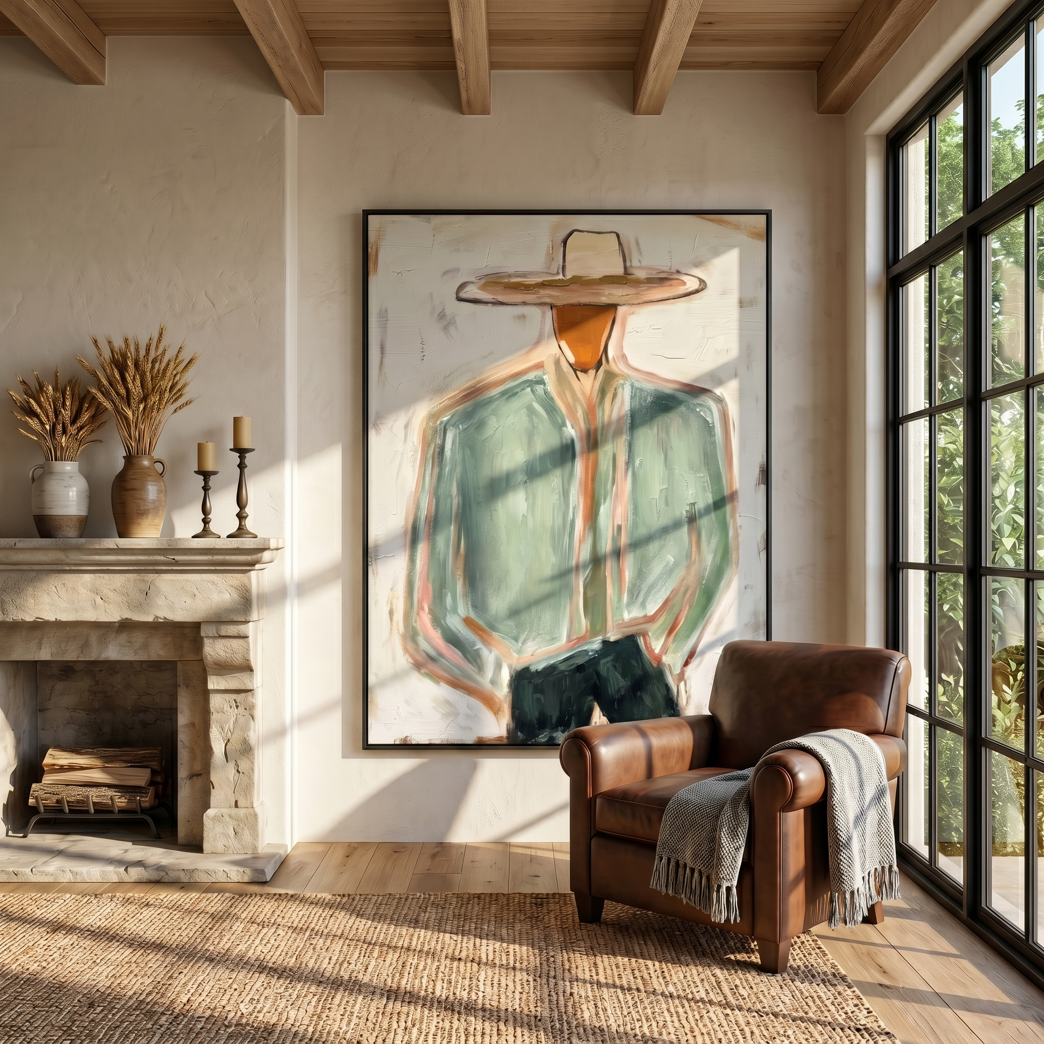 Hidden Union – gray and brown mid-century modern abstract figures art, vertical hand-painted canvas art – view 6