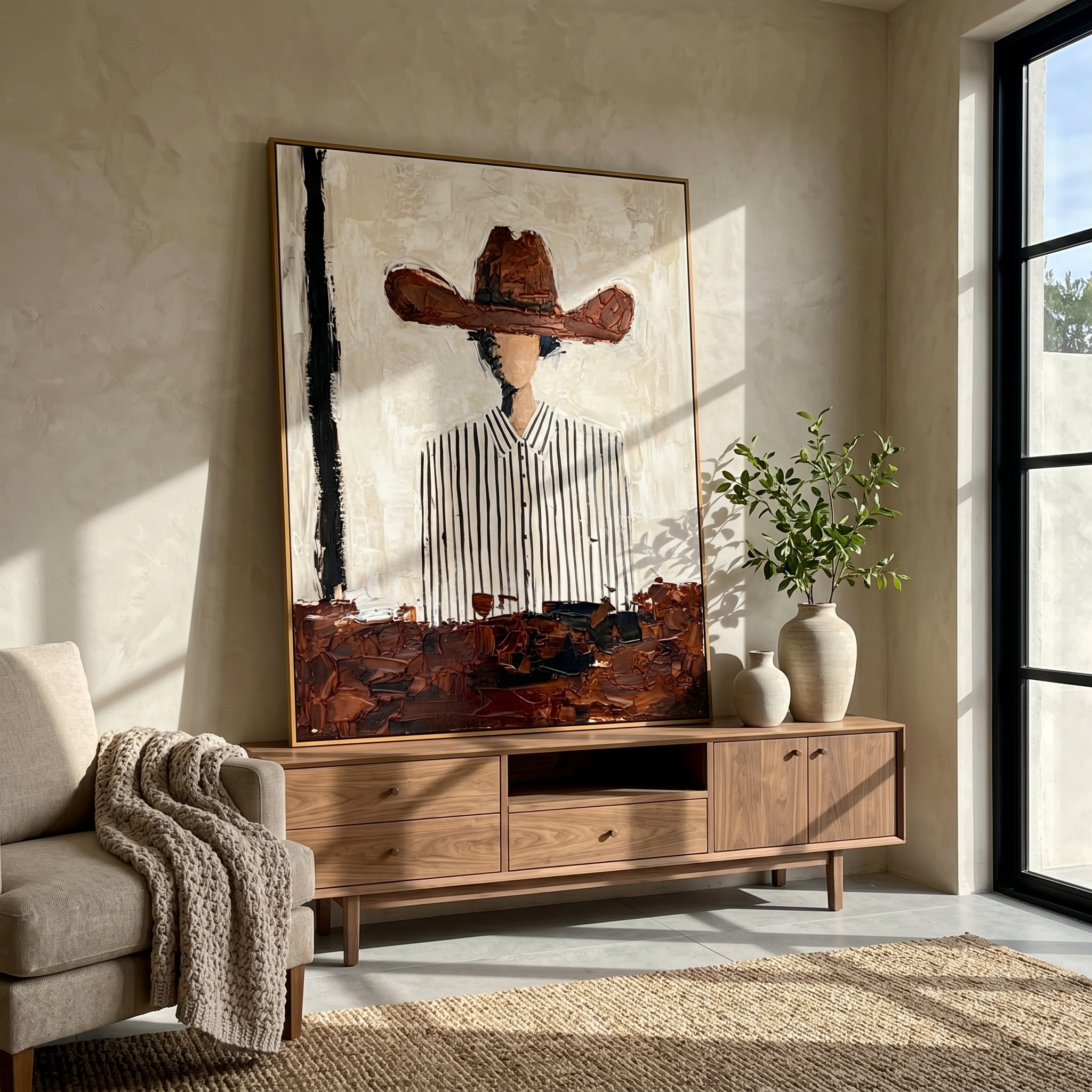 Meadow Dance – gray and brown mid-century modern abstract figures art, vertical hand-painted canvas art – view 3