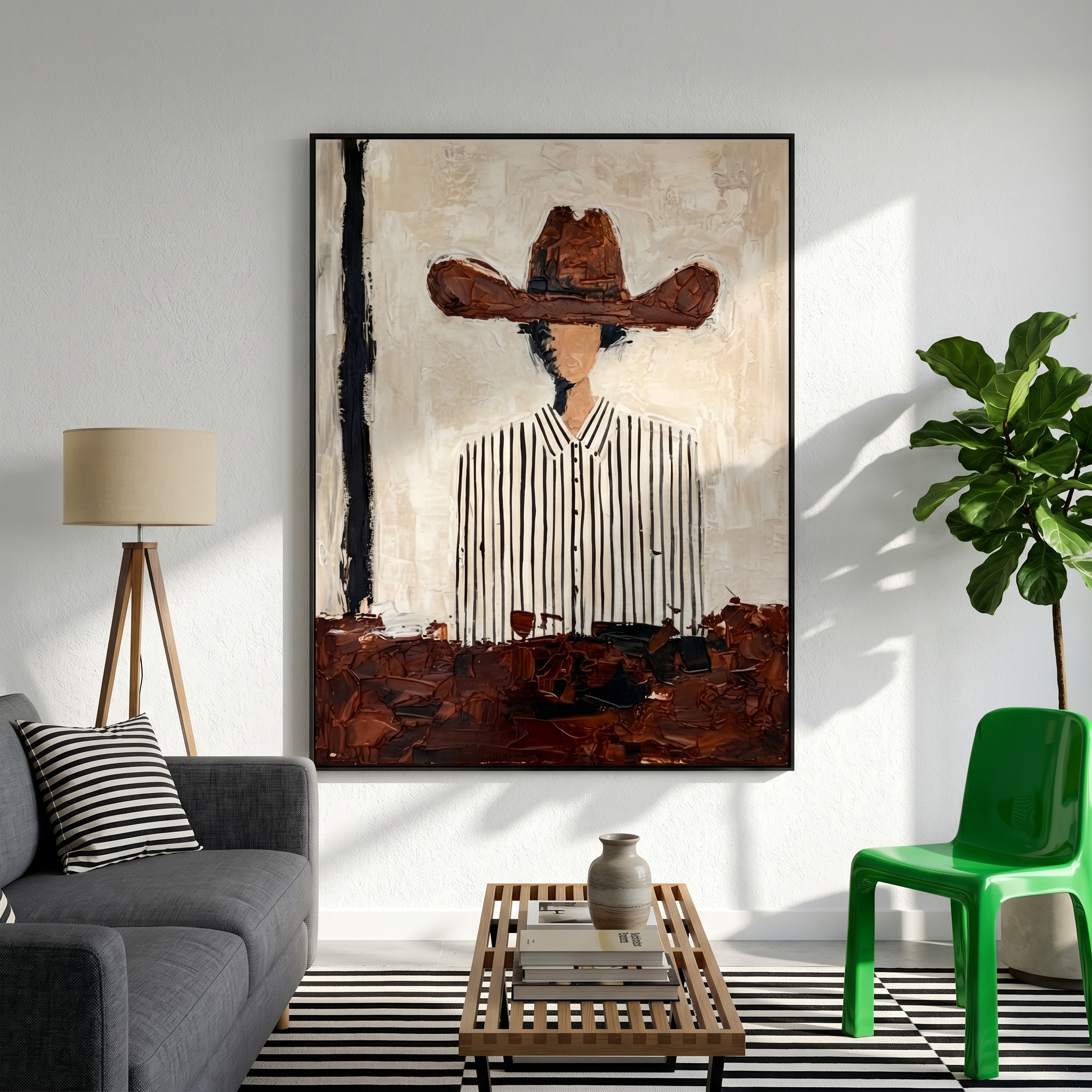 Meadow Dance – gray and brown mid-century modern abstract figures art, vertical hand-painted canvas art – view 4