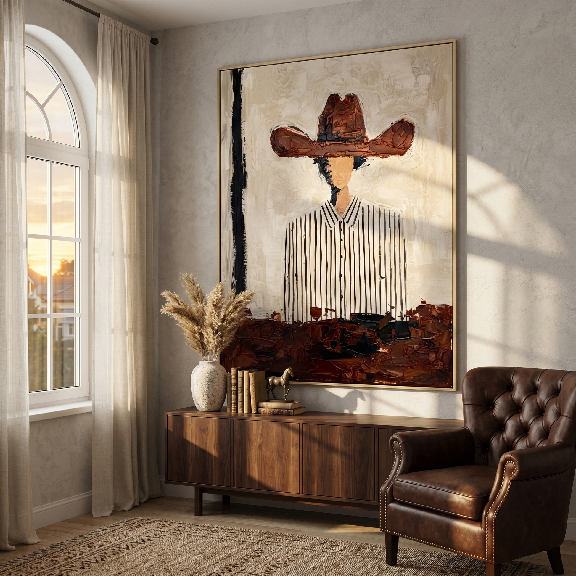 Meadow Dance – gray and brown mid-century modern abstract figures art, vertical hand-painted canvas art – view 5