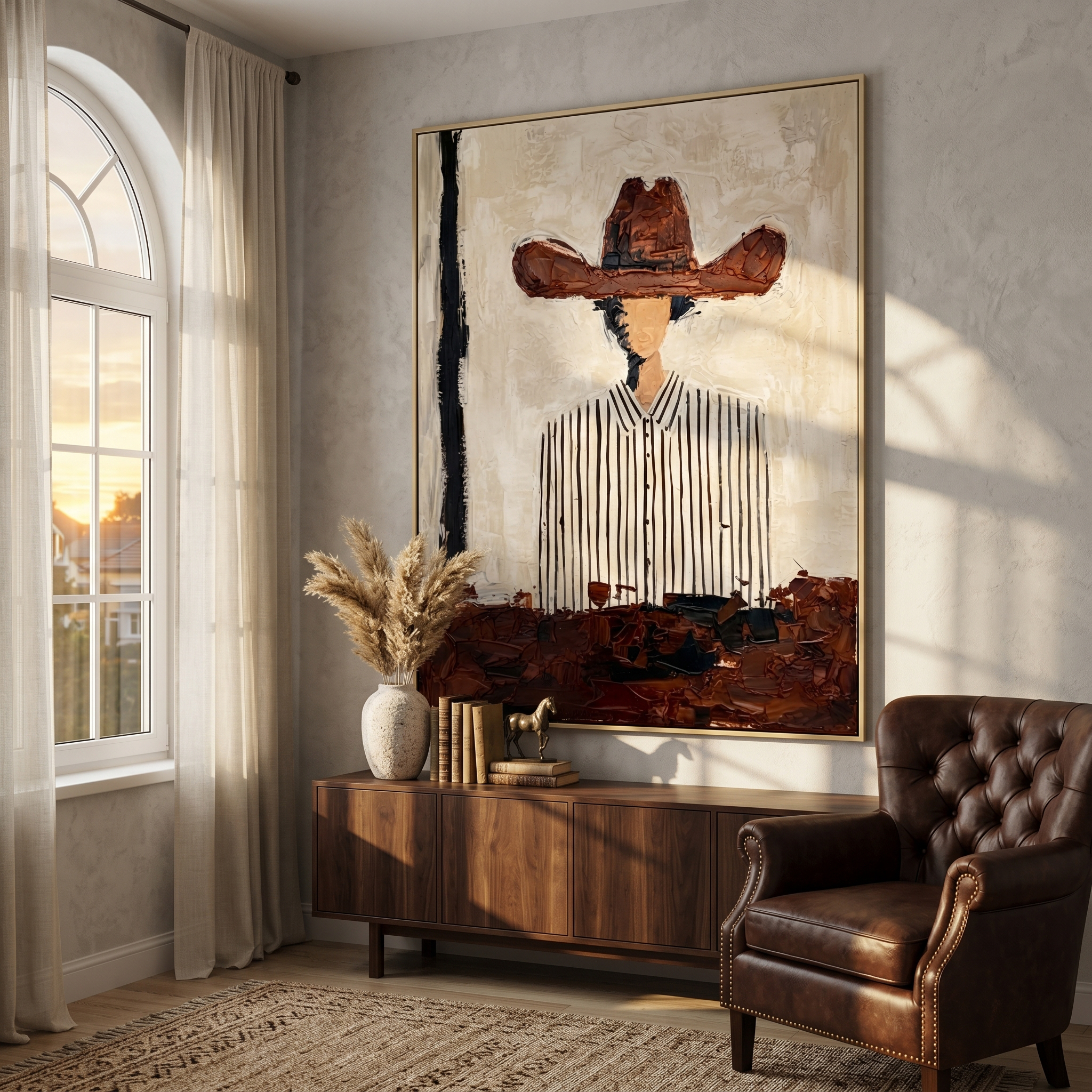 Meadow Dance – gray and brown mid-century modern abstract figures art, vertical hand-painted canvas art – view 5