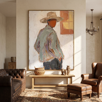 Open Hour – gray and brown and white mid-century modern abstract figures art, vertical hand-painted canvas art – view 2